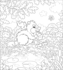 Furry beaver with a big flat tail and large teeth carrying a small gnawed log by a small lake in a forest on a beautiful summer day, black and white vector cartoon illustration