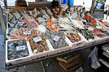 Stall with seafood at street market