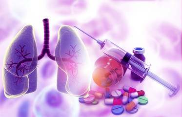 Anatomy of lungs with pharmaceutical medicine. glass bottle, pills and a syringe. 3d illustration