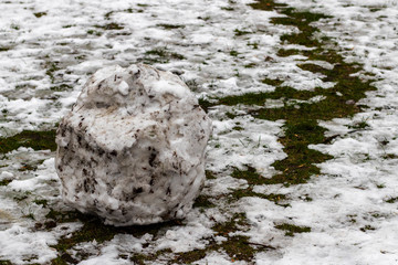 Remains of a melted snowman. A big dirty snow ball that melts in the spring.