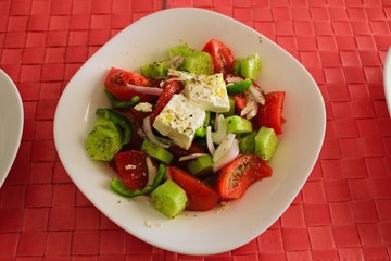 Greek salad with feta cheese, close up