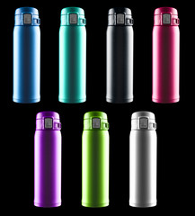 blue vacuum tumbler with safety lock on black background including clipping path