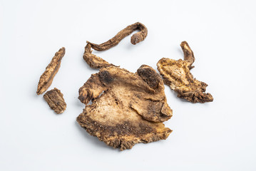 Chinese herbal medicine Duhuo closeup on white background