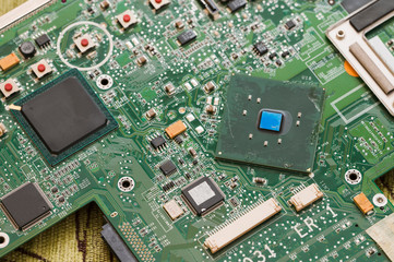Processor on laptop motherboard in detail.