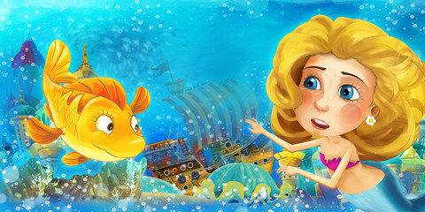 cartoon scene with mermaid in the ocean - illustration for children