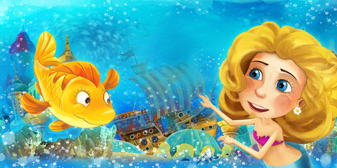 Cartoon ocean and the mermaid in underwater kingdom swimming and having fun - illustration for children