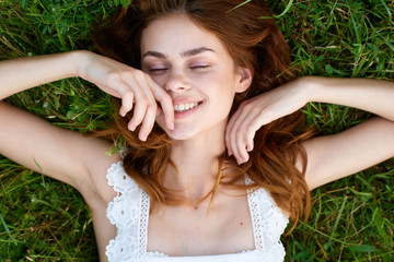 beautiful woman green leaves nature