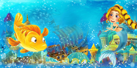 Plakat Cartoon ocean and the mermaid in underwater kingdom swimming and having fun - illustration for children