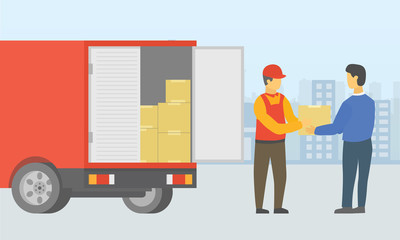 courier deliver goods to people using truck with city as background