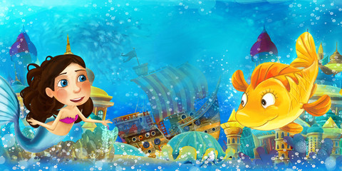 Cartoon ocean and the mermaid in underwater kingdom swimming and having fun - illustration for children