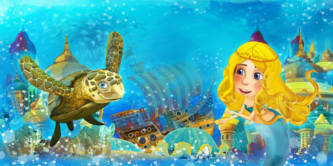 Cartoon ocean and the mermaid in underwater kingdom swimming and having fun - illustration for children