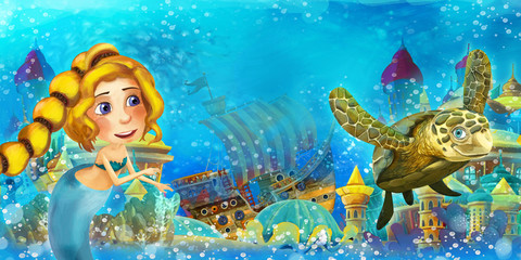 Cartoon ocean and the mermaid in underwater kingdom swimming and having fun - illustration for children