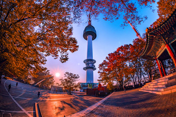 seoul tower and chinese octagonal pavilion in autumn with morning sunrise, Seoul city, South...