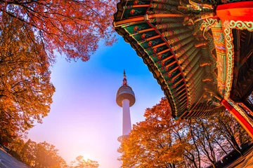 Afwasbaar fotobehang seoul tower and chinese octagonal pavilion in autumn with morning sunrise, Seoul city, South Korea.October 27,2019 © wutthinan