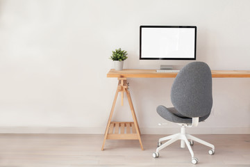 beautiful minimalist workspace interior, computer on wooden table, office workplace, modern...