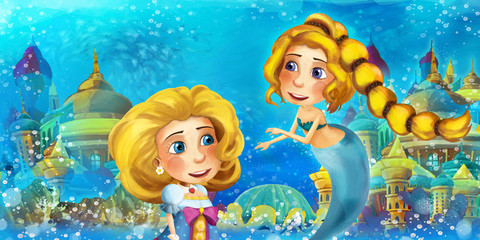 Naklejka premium Cartoon ocean and the mermaid in underwater kingdom swimming and having fun - illustration for children