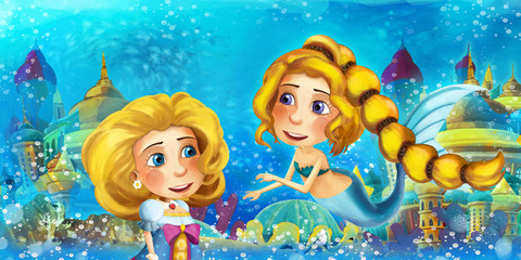 Naklejka premium Cartoon ocean and the mermaid in underwater kingdom swimming and having fun - illustration for children