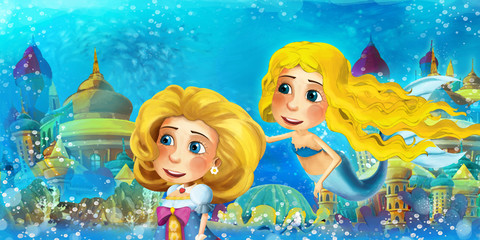 Cartoon ocean and the mermaid in underwater kingdom swimming and having fun - illustration for children