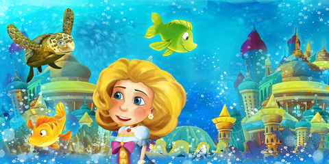 Fototapeta premium Cartoon ocean and funny fishes swimming and having fun in underw
