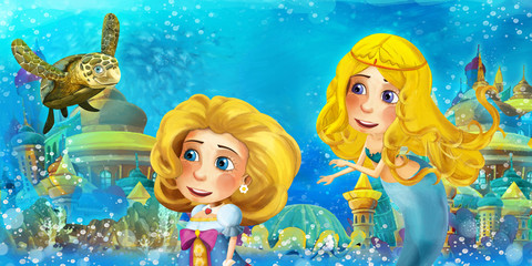 Fototapeta premium Cartoon ocean and the mermaid in underwater kingdom swimming and having fun - illustration for children