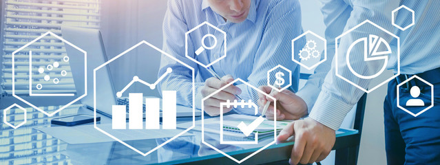 financial charts and analytics graphs icons, business people working on banner background