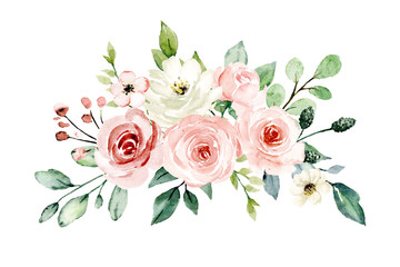 Pink flowers watercolor, floral clip art. Bouquet blush roses perfectly for printing design on invitations, cards, wall art and other. Isolated on white background. Hand painting. 