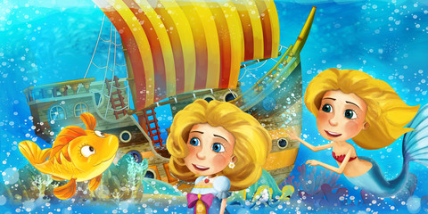 Naklejka premium Cartoon ocean scene and the mermaid princess in underwater kingdom swimming and having fun near the sunken pirate ship - illustration for children