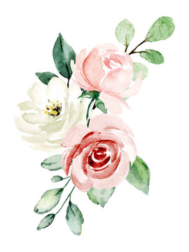 recommend clip art: Pink flowers watercolor, floral clip art. Bouquet blush roses perfectly for printing design on invitations, cards, wall art and other. Isolated on white background. Hand painting. 
