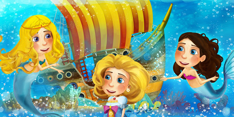 Cartoon ocean scene and the mermaid princess in underwater kingdom swimming and having fun near the sunken pirate ship - illustration for children