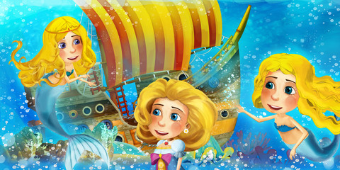 Cartoon ocean scene and the mermaid princess in underwater kingdom swimming and having fun near the sunken pirate ship - illustration for children