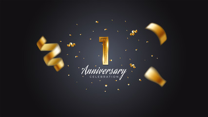 1st anniversary celebration Gold numbers with dotted halftone, shadow and sparkling confetti. modern elegant design with black background. for wedding party event decoration. Editable vector EPS 10