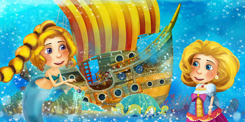 Obraz na płótnie Canvas Cartoon ocean scene and the mermaid princess in underwater kingdom swimming and having fun near the sunken pirate ship - illustration for children
