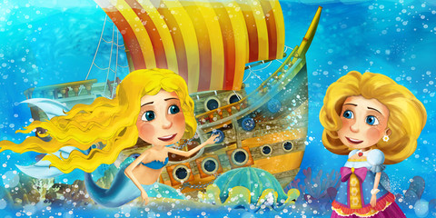 Fototapeta na wymiar Cartoon ocean scene and the mermaid princess in underwater kingdom swimming and having fun near the sunken pirate ship - illustration for children