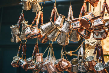 Sale of traditional Turkish Turks for making coffee at the Turkish market in Istanbul.