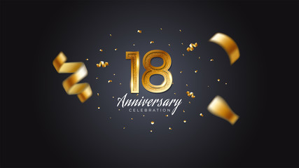 18th anniversary celebration Gold numbers with dotted halftone, shadow and sparkling confetti. modern elegant design with black background. for wedding party event decoration. Editable vector EPS 10 - obrazy, fototapety, plakaty