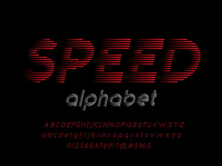 Fototapeta na wymiar Speed style alphabet design with uppercase, lowercase, numbers and symbol