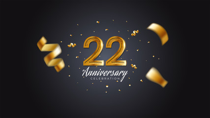 22nd anniversary celebration Gold numbers with dotted halftone, shadow and sparkling confetti. modern elegant design with black background. for wedding party event decoration. Editable vector EPS 10