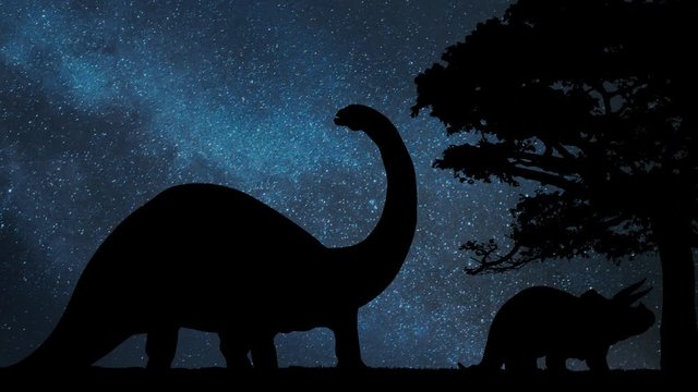 Dinosaur by Night: Time Lapse with Stars and Milky Way in Background and Dark Silhouette of Dinosaurs in Jurassic Landscape