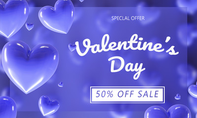 Valentines day sale poster with purple heart background
