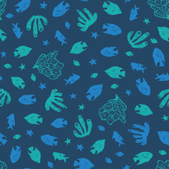 Vector dark blue coral reef fish pen sketch repeat pattern. Perfect for fabric, scrapbooking and wallpaper projects.