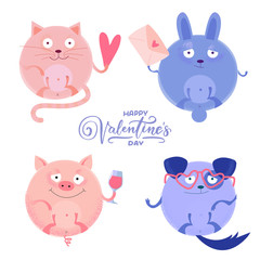 Set of Cute round cat, pig, rabbit and dog with little heart, letter, wine glass, glasses for Valentine's day .Isolated on white. Flat textured cartoon style. Draw vector illustration collection