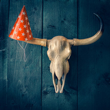 Wild Western Party And Celebration. Buffalo Skull With Paper Red Party Hat. Country Style, Festival, Day Of Death,  Wild West Party, Invite.