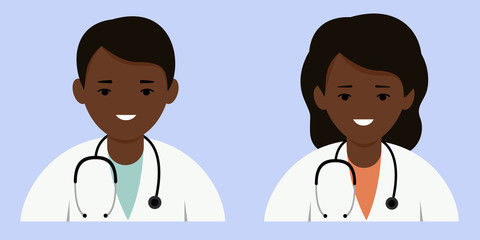 The doctor with the stethoscope around his neck smiles. Therapists are a man and a woman with dark skin.