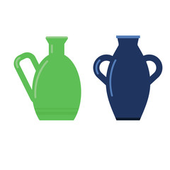 Clay flower vases with handles. Vintage clay jugs on a white background.