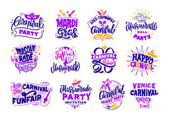 Fototapeta premium Carnival collection emblems, labels, badges, logos, stamps, phrases, lettering compositions. Big set 