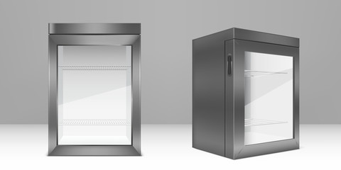 Empty mini refrigerator with transparent glass door. Vector gray fridge for fresh food or drink in supermarket or kitchen. Modern cooler with shelves and handle front and corner view