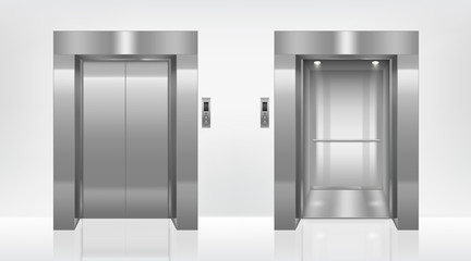 Open and closed elevator doors in office hallway. Vector realistic empty lobby interior with lift and metal panel with buttons and floor display on wall © vectorpocket