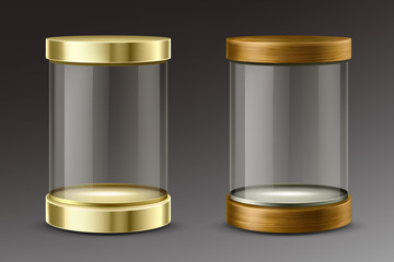 Empty cylinder capsule, clear showcase with golden and wooden caps. Vector mockup of round boxes with spotlights, blank circle stand, platform for exhibition in gallery, museum