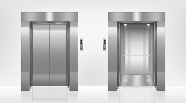 Open and closed elevator doors in office hallway. Vector realistic empty lobby interior with lift and metal panel with buttons and floor display on wall