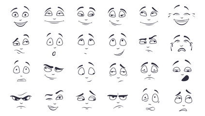 Facial expression flat vector illustration set. Happy, laughing, pensive, unhappy, tired, angry, crying monochrome cartoon face. Emotions concept